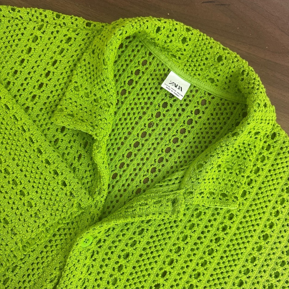 Zara Shirt Lime Green Crochet Open Knit Short Sleeve Button Up Mens XL